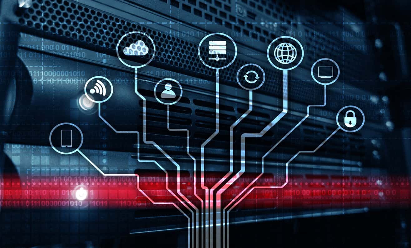 Telecommunication concept. Binary code on large data center background. Technology wallpaper