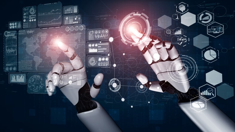 3D rendering artificial intelligence AI research of robot and cyborg development for future of people living. Digital data mining and machine learning technology design for computer brain.