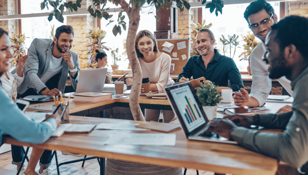 people sat around a work desk chatting