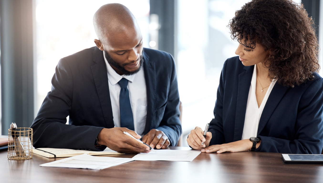 Documents, business and people planning with a contract for accounting budget, company portfolio or review. Teamwork, financial advisor and analysis of notes, investment report or legal paperwork