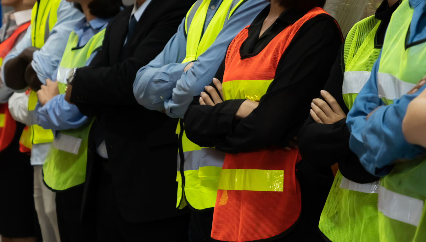 Large group of factory worker standing together in warehouse or storehouse . Logistics , supply chain and warehouse business concept