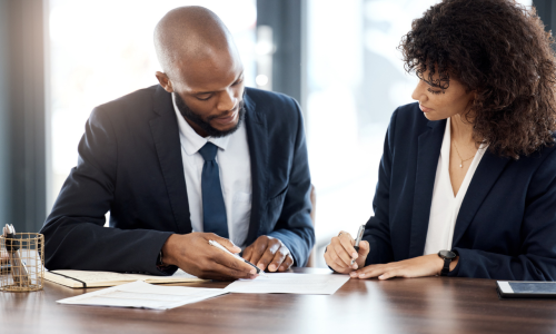 Documents, business and people planning with a contract for accounting budget, company portfolio or review. Teamwork, financial advisor and analysis of notes, investment report or legal paperwork